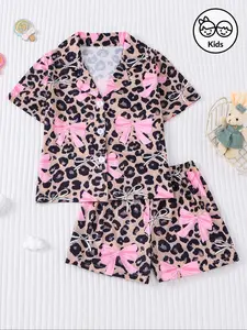 Cute Leopard Print Kids Pajama Set, Bow Design, Fire Retardant Fabric, Short Sleeve Button Front Top & Elastic Shorts, Leopard Print Pajamas