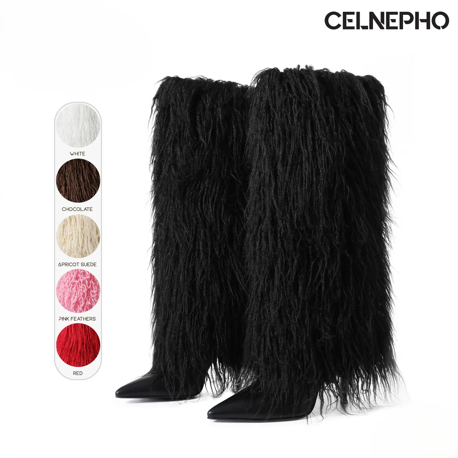 CELNEPHO Womens Knee High Boots Pointed Toe Faux Fur Fluffy Fashion Kitten Heels Plush Warm Boot for Gift Party Outdoor Wear Fashionable Dress Shoes