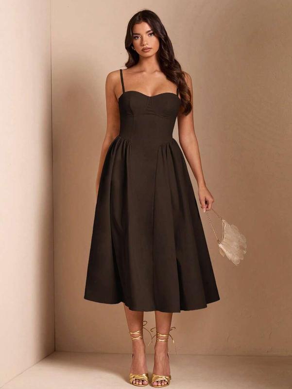 SHEIN BAE Elegant Women Spaghetti Strap Maxi Flare Dress, Suitable For Casual Dating, Outing, Nightclub, Party, Autumn Season,Summer Dresses For Women,Tea Party Dress