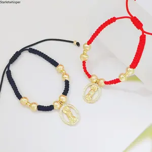 Cubic Zirconia Virgin Mary Red Rope Bracelet, Handmade Braided Adjustable Design with Gold Beads, Religious Inspired Jewelry for Women, Perfect for Daily Wear, Party & Spiritual Gift Giving