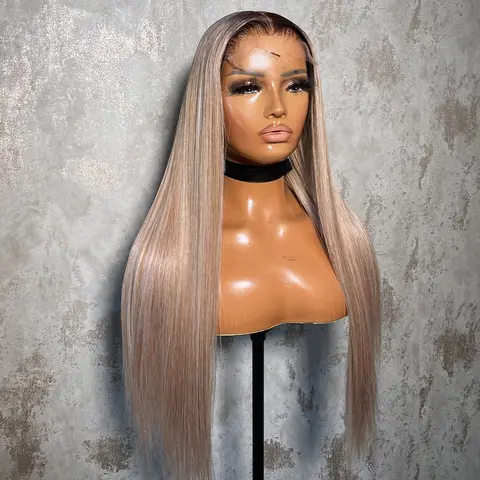 Ombre Milk Tea Blonde Colored Human Hair Straight Wig 13x6 Lace Front 180 Density 32Inch Body Wave Pre-Cut Lace Drawstring Wig For Women Girls Fit For Daily Wear