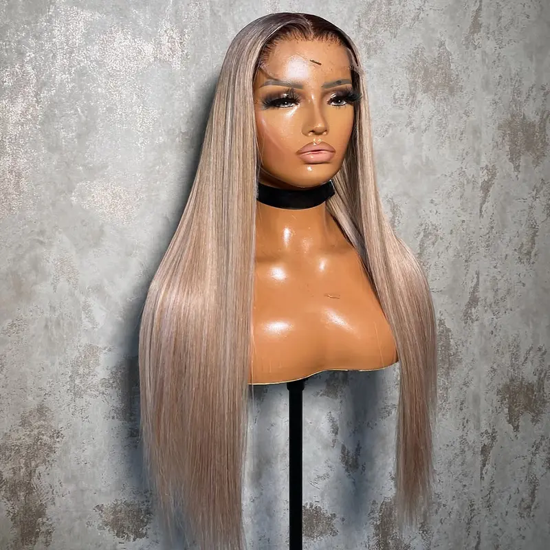 Ombre Milk Tea Blonde Colored Human Hair Straight Wig 13x6 Lace Front 180 Density 32Inch Body Wave Pre-Cut Lace Drawstring Wig For Women Girls Fit For Daily Wear