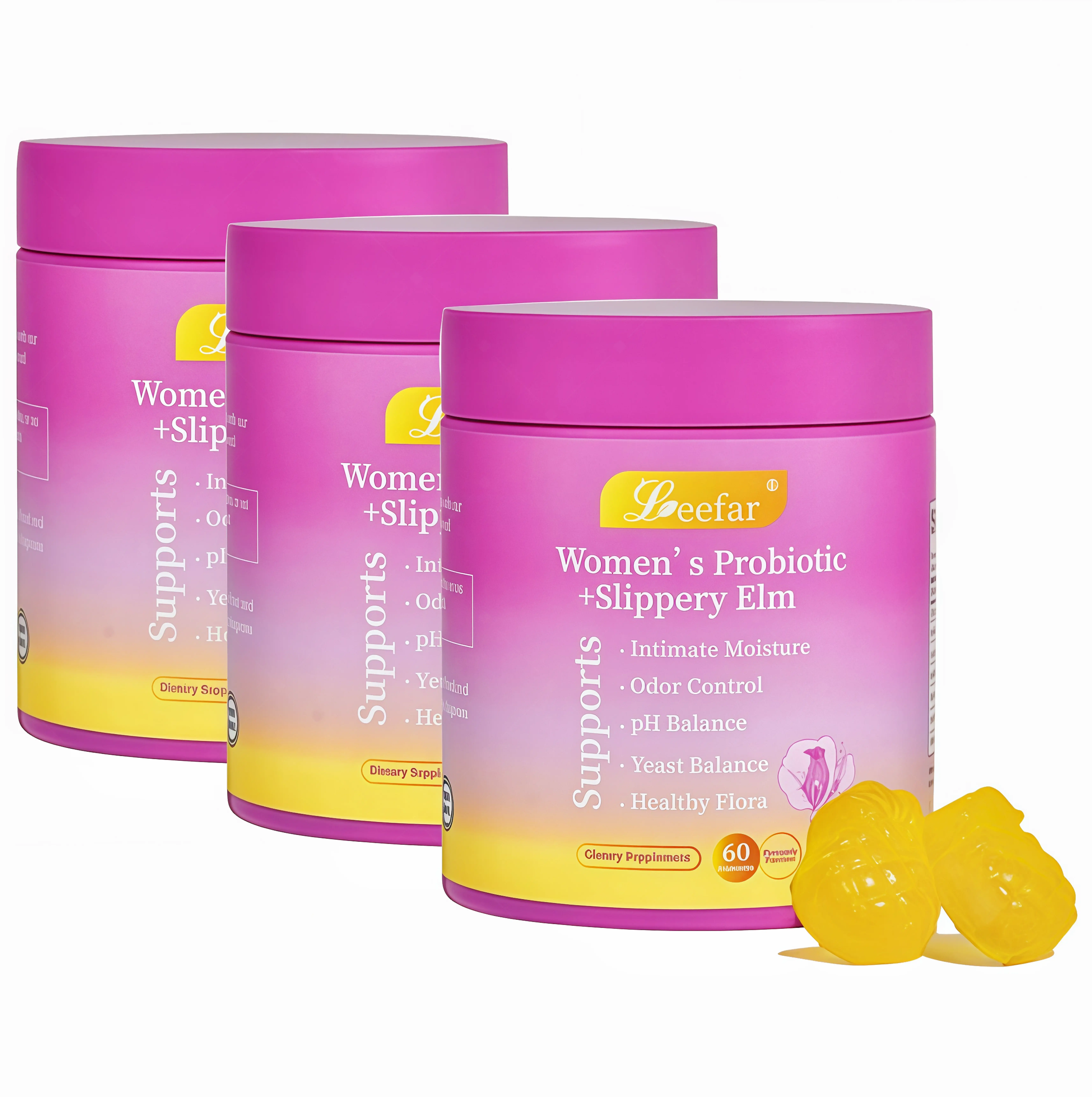 3 Botte LEEFAR Her Probiotics Gummies UC - All in One Solution with Slippery Elm and Prebiotics & Lactobacillus Probiotic Blend for Women's pH Balance and Dryness Hawaiian Pineapple Gummies Dietary Supplement