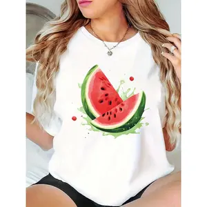 Women's White T - Shirt with Watermelon Slices & Juice Splash Graphic, Summer Casual Daily Party Top for Ladies, Fresh Fruit Print Tee 100% Cotton T-shirt