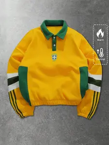 Men’s and women’s versions of spring and autumn polo-collar pullover hoodies, featuring Brazilian color schemes, logo prints, contrasting stitching designs, suitable for athletic wear, Brazilian soccer fan outfits, ideal for outdoor activities and everyda