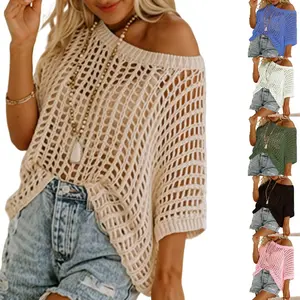 Women's summer backless short-sleeved knitted top for casual wear, crochet openwork sweater, pullover, beach shawl