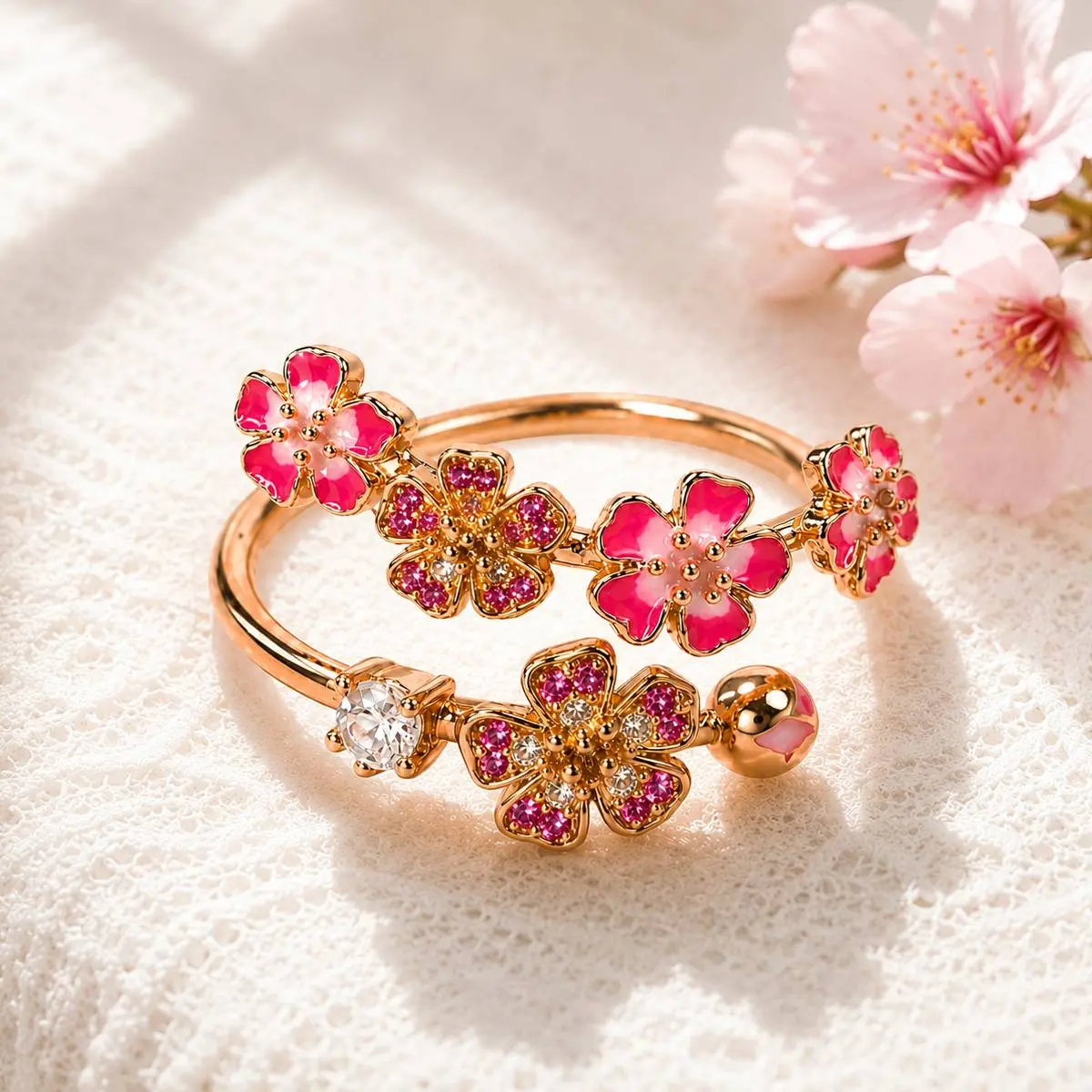 Peach Blossom Ring for Women, Delicate Pink Crystal Floral Jewelry, Sparkling Lucky Charm Band, Anniversary Birthday Gift for Her, Rings