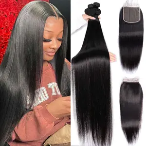 Straight Bundles with Closure Human Hair Brazilian Bundles with Closure Straight 100% Unprocessed Virgin Weave Hair Bundles with Closure 10A Bundles