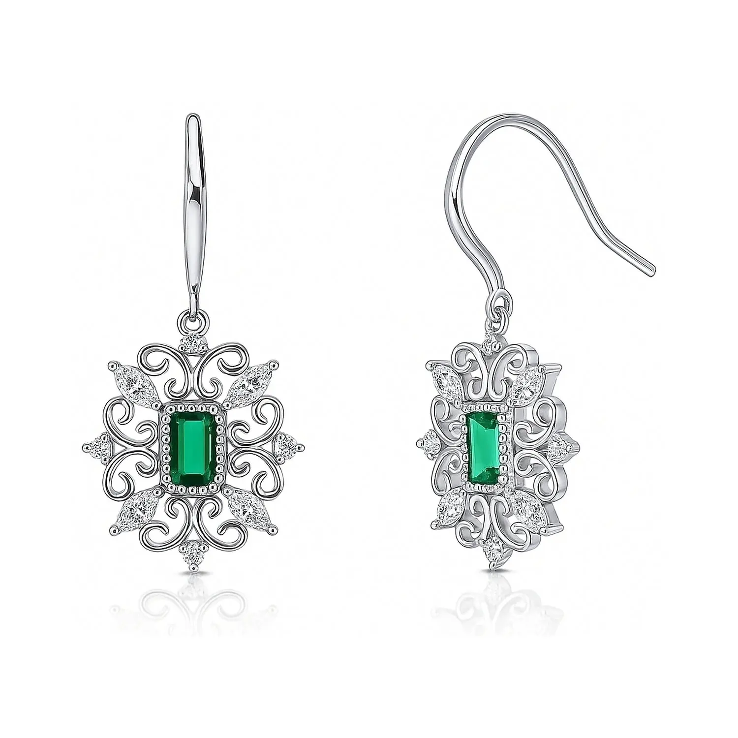 BERRICLE Sterling Silver Art Deco Filigree Fish Hook Drop Dangle Earrings for Women, Green Cubic Zirconia CZ