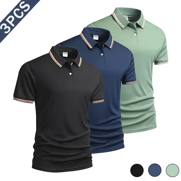 3-Pack Men's Summer Polo Shirts Striped Collar Cuffs Stylish Top for Casual Business Active Days Beige Black Dark Blue Green Set SpringStatements
