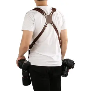 Double Camera Strap,Camera  Strap for Two Cameras,Adjustable Leather Double Camera Harness Brown