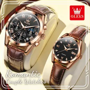 OLEVS Couple Watches Set, His & Hers Quartz Wristwatches, Men’s Chronograph with 24-Hour Indicator & Luminous Hands, Minimalist Luxury Women’s Watch, Brown Strap, Luminous & Water Resistant, Ideal for Anniversary & Valentine’s Gifts [2871+5522]