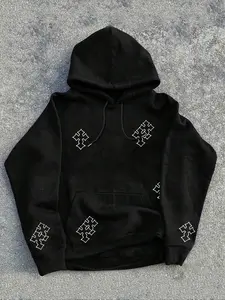 Unisex Street Style Cross Print Hoodie, Fall & Winter Casual Loose Fit, Gothic Fashion, Woven Fabric, Letter Pattern, Trendy, Graphic Print Hoodie, Letter Pattern Hoodies