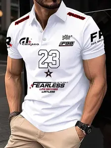 Men's Fashion Muscle Slim Fitted Buttoned Polo Shirt with Digital Print, Casual Short Sleeve Summer Top, Versatile Outdoor Wear, All Seasons, Printed Polo Shirts