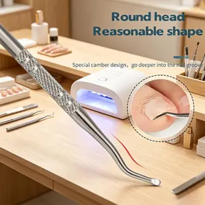 3/5-piece set of stainless steel double headed nail groove cleaning and removal tool, anti slip mesh long handle, curved hook round head design that does not damage the nails, used for cleaning embedded nails, nail groove dirt, and removing nail debris