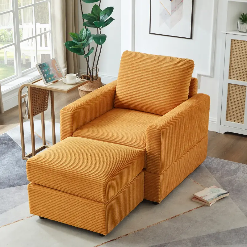 55" Sleeper Chaise Lounge Chair,Mid-Century Modern Corduroy Accent Chair with Ottoman, Oversized Deep Seat Upholstered Sofa Bed with Backrest Pillow for Living Room (Yellow, 55")
