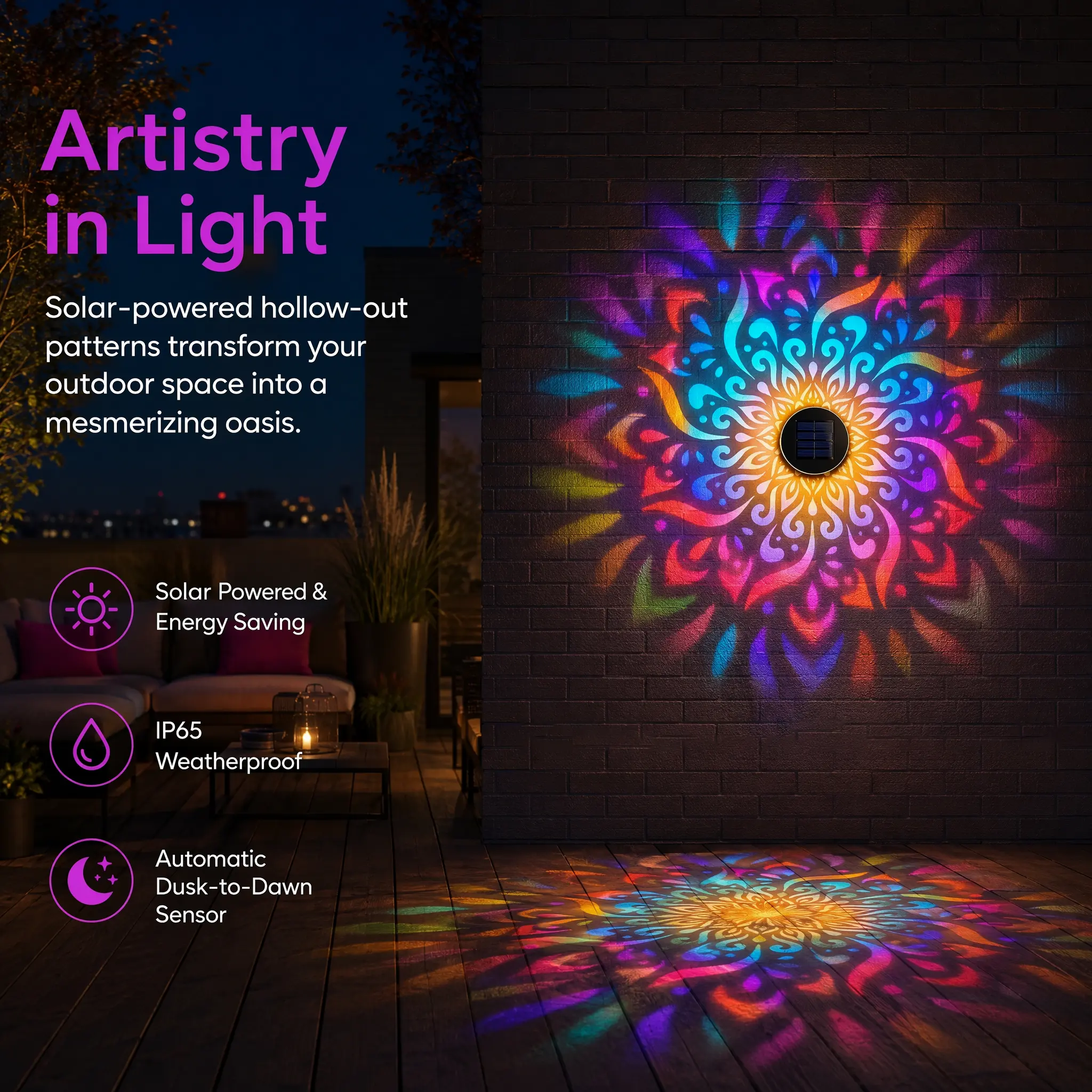 Solar Powered Fence Lights 2-Pack, Metal Outdoor Decor with Mandala Cutout, IP65 Rated for Garden and Pathway Ambient Glow, Mandala Shape