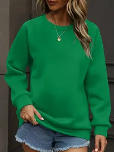 Women's Plus Size Fall Winter Casual Elegant Plain Round Neck Sweatshirt, Comfortable Daily Wear, Long Sleeve Fitted Top