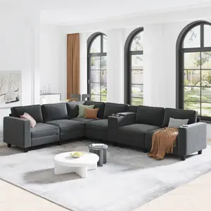 133.4'' L-shaped 4 or 6-Seater  Corduroy Sofa, Large Storage Armrests with Center Console, USB Charging, Left and Right Seats can be Switched, 3 Packages of 130