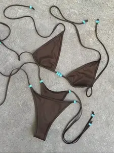 Chocolate Triangle Bikini Set, Sweet Cool Vacation Style, Light Blue Beads, Adjustable Straps, Perfect for Young Women Beach Photoshoots, High Waist