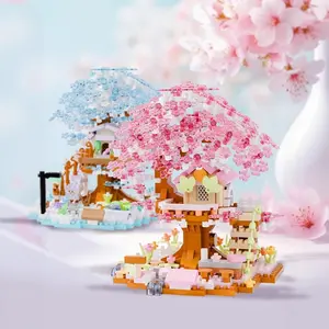 Romantic four-color cherry blossom tree house building blocks educational assembly toys Valentine's day interior ornaments gift Children's educational toys