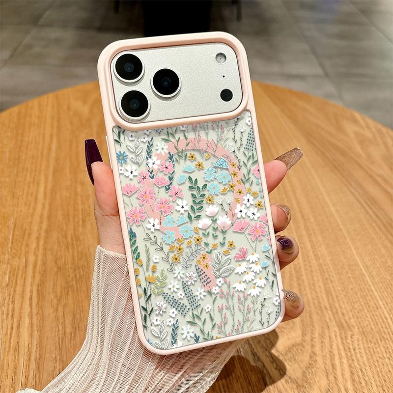 Chic Botanical Graphic Phone Case Hand-Drawn Style Pink, Blue & Yellow Wildflowers Paired With Lush Greenery Featuring Built-In Strong Magnet Ring Blending Smooth Macaron Texture With Secure Magsafe Compatibility For iPhone 17 16 15 14 13 12 11 X XS