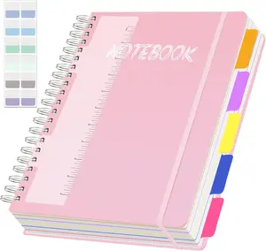Pink 5 Subject Notebook College Ruled 300 Pages Hardcover Spiral Notebook with Removable Dividers Tabs , 8.5" x 11" Large A4 Lined Journal Notebooks for Work School Note Taking 100GSM Thick Paper