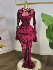 PULKRITU Women's Long Sleeve Ruched Mesh Transparent Long Dress with Tank Lining, Slim Fit, Elegant Classy Flattering Party Gown for Autumn Evening, Birthday and Parties, Flocking Floral Bodycon Dress