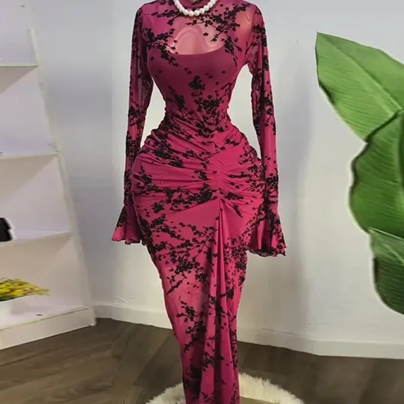 PULKRITU Women's Long Sleeve Ruched Mesh Transparent Long Dress with Tank Lining, Slim Fit Party Gown for Autumn Evening, Birthday and Parties, Flocking Floral Bodycon Dress, Fashion Dress