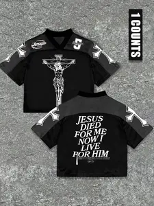 Men's Street Style V-Neck Short Sleeve T-Shirt, Jesus Faith + Graphic Slogan Print, Breathable Mesh Fabric, Casual Fitted Top, All Seasons, Menswear