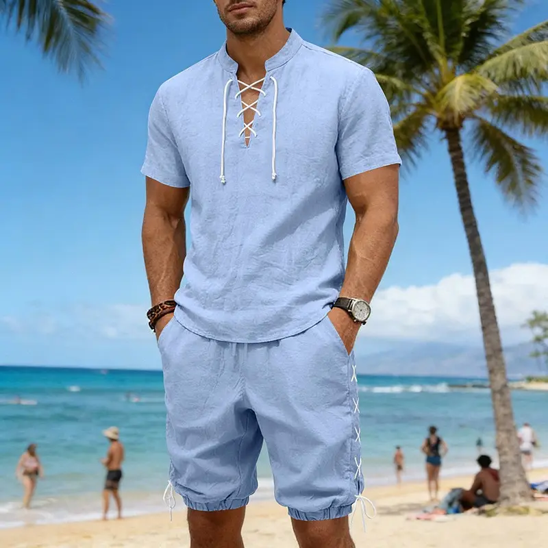 Men’s Summer Linen-Look Mandarin Collar Short Sleeve Shirt and Drawstring Shorts Set, Casual Relaxed Fit Two-Piece Outfit, Lightweight Breathable Beachwear for Vacation, Travel, Resort, Daily Wear and Comfortable Summer Loungewear