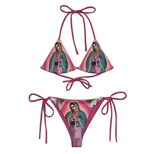 Virgin Mary String Bikini Two Piece, Our Lady of Guadalupe Bikini, Triangle Bikini, Y2K Fashion Bikini, Hot Pink Summer Beachwear
