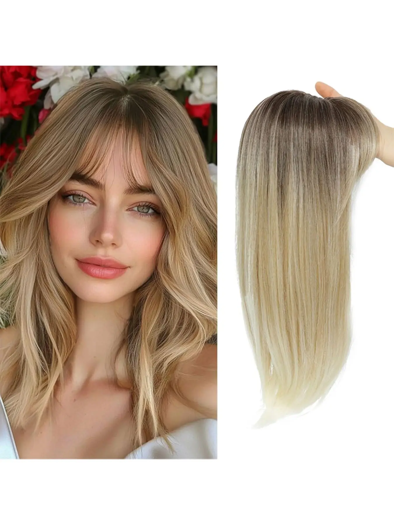 Hair Toppers for Women, 18 Inch Long Hair Pieces for Women with Thinning Hair, Clip in Blunt Wispy Bangs (Brown with Highlights), Synthetic Fiber Hair, Synthetic Extensions, Synthetic Hairpiece, Synthetic Fiber Hairpieces