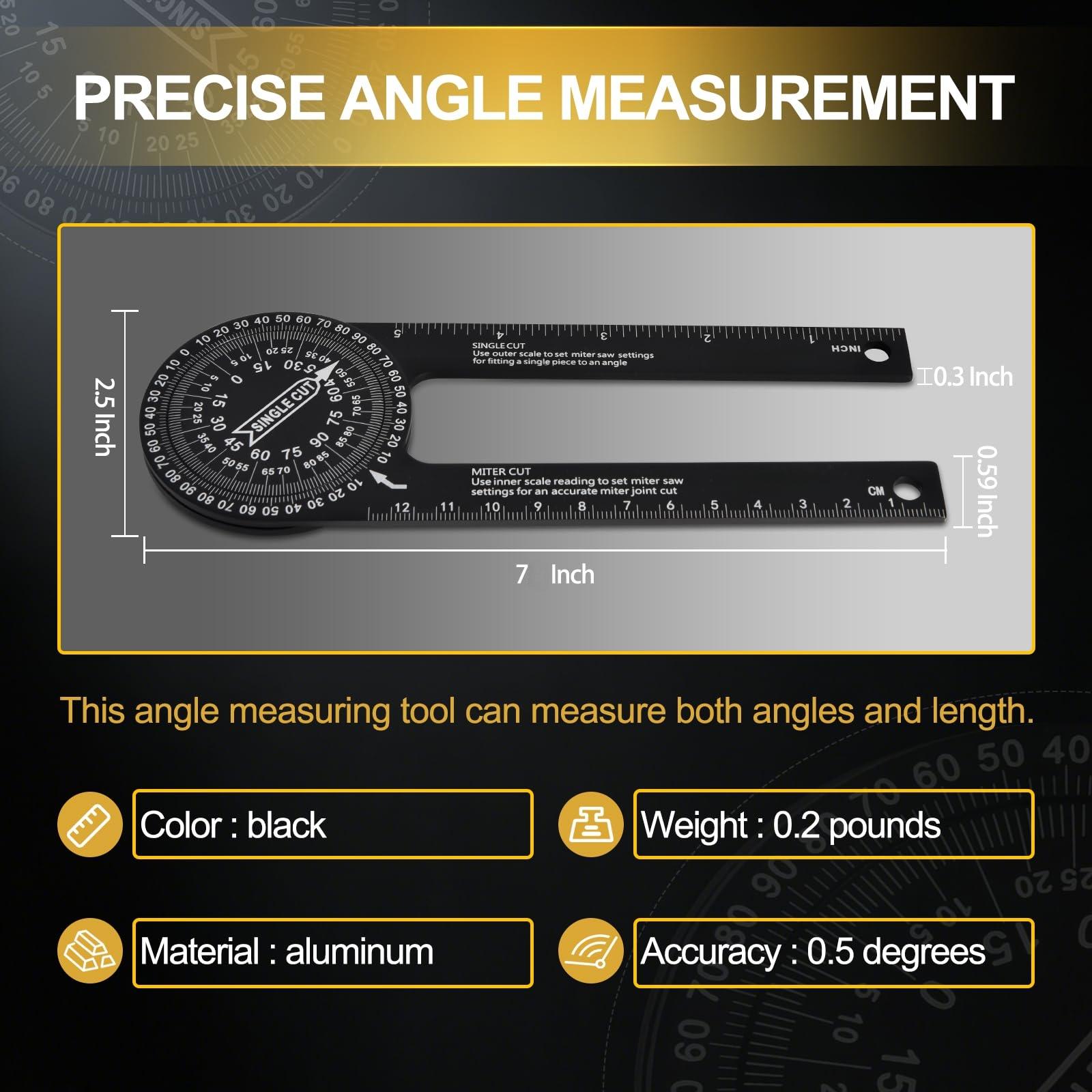 7 Inch Aluminum Miter Saw Protractor, High Accuracy Angle Finder for Interior & Exterior Cuts, Includes 2 Additional Straight Edge Tools for Carpenters, Contractors, Plumbers and Household DIY Projects 7 Inch Aluminum Miter Saw Protractor, High Accuracy Angle Finder for Interior & Exterior Cuts, Includes 2 Additional Straight Edge Tools for Carpenters, Contractors, Plumbers and Household DIY Projects