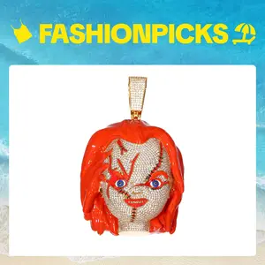 2027 Hip-hop Chucky Full Diamond Pendant Street Trendy Brand Heavy-duty Horror Cartoon Necklace Accessory with Red Hair and Blue Eyes customizable with engraved letters, logos or patterns Complimentary shipping Summervibes