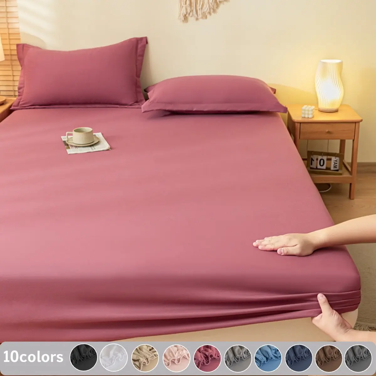 3pc Solid Color Bedding Set (1 Fitted Sheet + 2 Pillowcases), Contemporary Style, Multiple Sizes Available, Sky Blue, Light, Bean, Bed Sheet Sets, Bedding Supplies