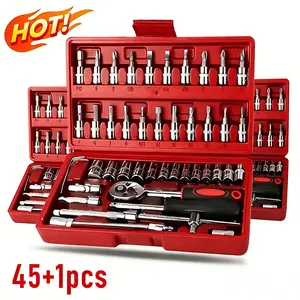 46pcs 1/4 Inch Car Repair Machinery Tools Set, Household Machinery Tools, Socket Wrench Diy Repair Tool Kit, Ratchet Screwdriver Compatible with Car Repair & Bicycle Repair, Hardware Toolbox Compatible with Auto Repairing & Household,Gift