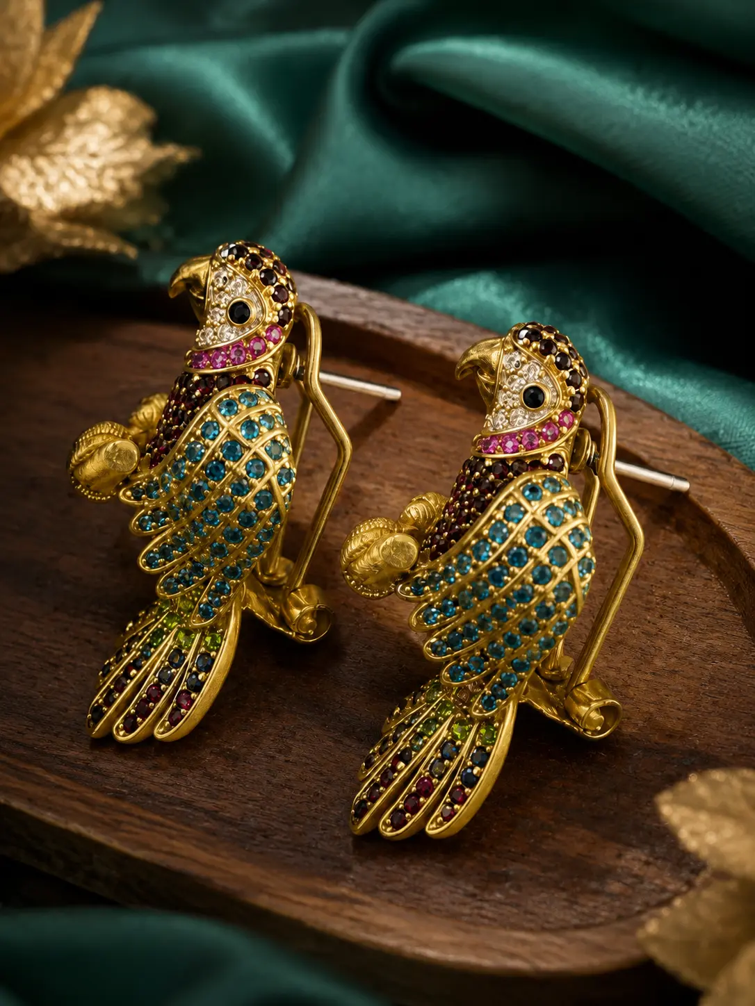 UA#58 Vintage Parrot Earrings with Multicolor Gemstone Accents, Hypoallergenic & Lightweight Fashion Jewelry for Women, Elegant Retro Style Daily Wear Accessory