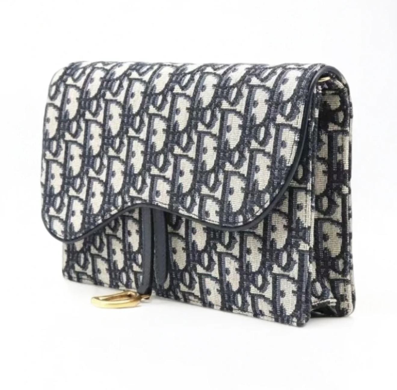 Pre-owned Dior Saddle Wallet on Chain (WOC) Blue Oblique Jacquard Gold Hardware