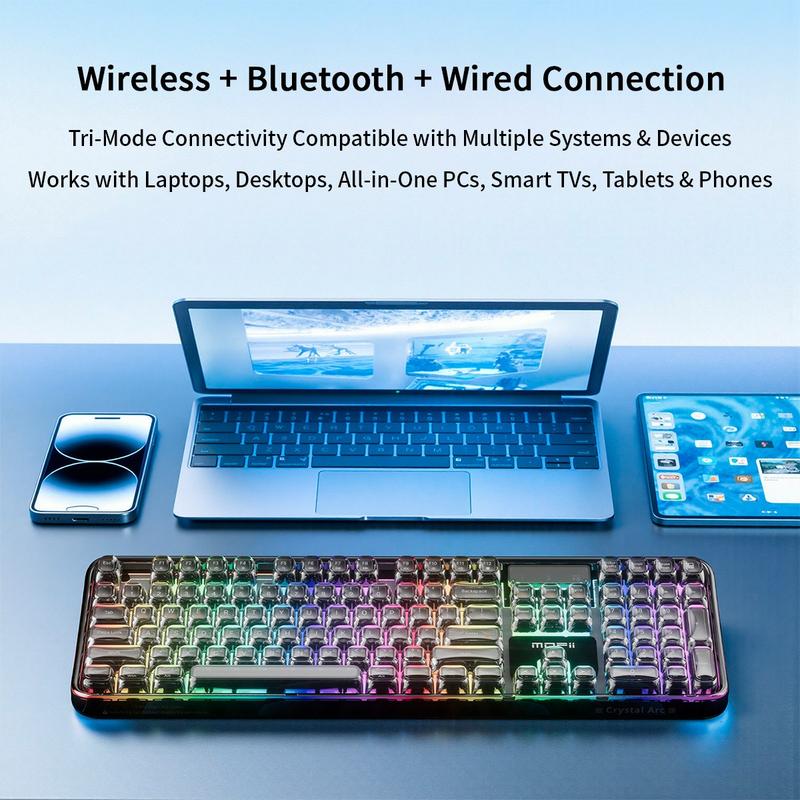 MOFii 708 RGB Backlit Full-Size Keyboard, Stylish White Transparent Keycaps, Tri-Mode Rechargeable, US Qwerty, Compatible with Phones & Tablets, Must-Have for Office & Gaming