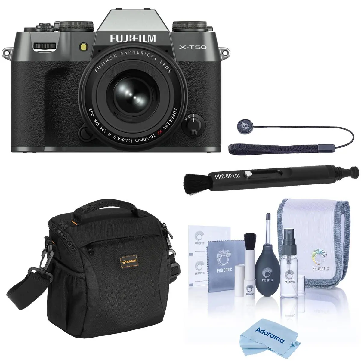 Fujifilm X-T50 Mirrorless Camera with XF 16-50mm f/2.8-4.8 R LM WR Lens with Universal Lens Cap Tether, Complete Optics Care and Cleaning Kit, Microfiber Cleaning Cloth, Small, 5.8x5.8, Lens Pen Lens