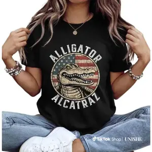 Alligator Alcatraz Graphic Tee, Washed American Flag Croc Shirt, Unisex Vintage Style Top