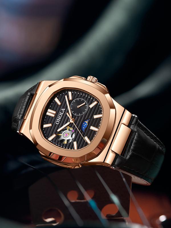 Onola Men's Fashion Business Mechanical Watch, Hollow Out Tourbillon Design, Automatic Wind-Up, 3atm Water Resistant, Fashionable Waterproof Watch, Perfect Christmas Gift