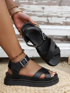 Roman Style Thick Sole Rubber Cross Sandals with Buckle Strap, Open Toe Women's Casual Shoes, Daily Wear Comfortable Footwear