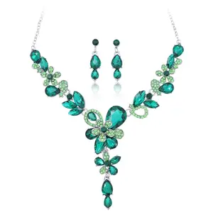 Rhinestone Crystal Bridal Necklace Floarl Art Deco Teardrop Collar Necklace Dangle Earrings Jewelry Set for Women