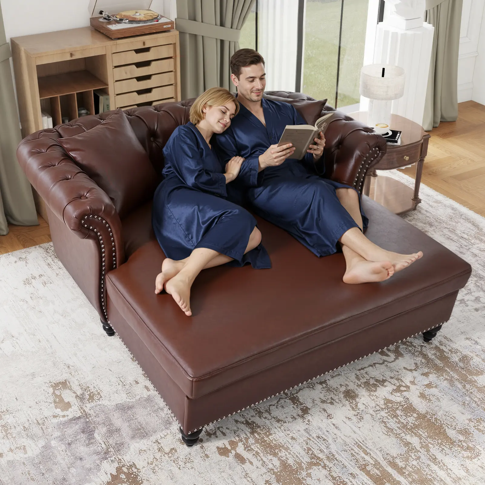 63" Oversized Chaise Lounge Indoor Chair, Faux Leather Chesterfield Loveseat, Double Chaise Sofa with 2 Pillows, Button Tufting and Rolled Arms Sleeper Couch for Living Room, Black