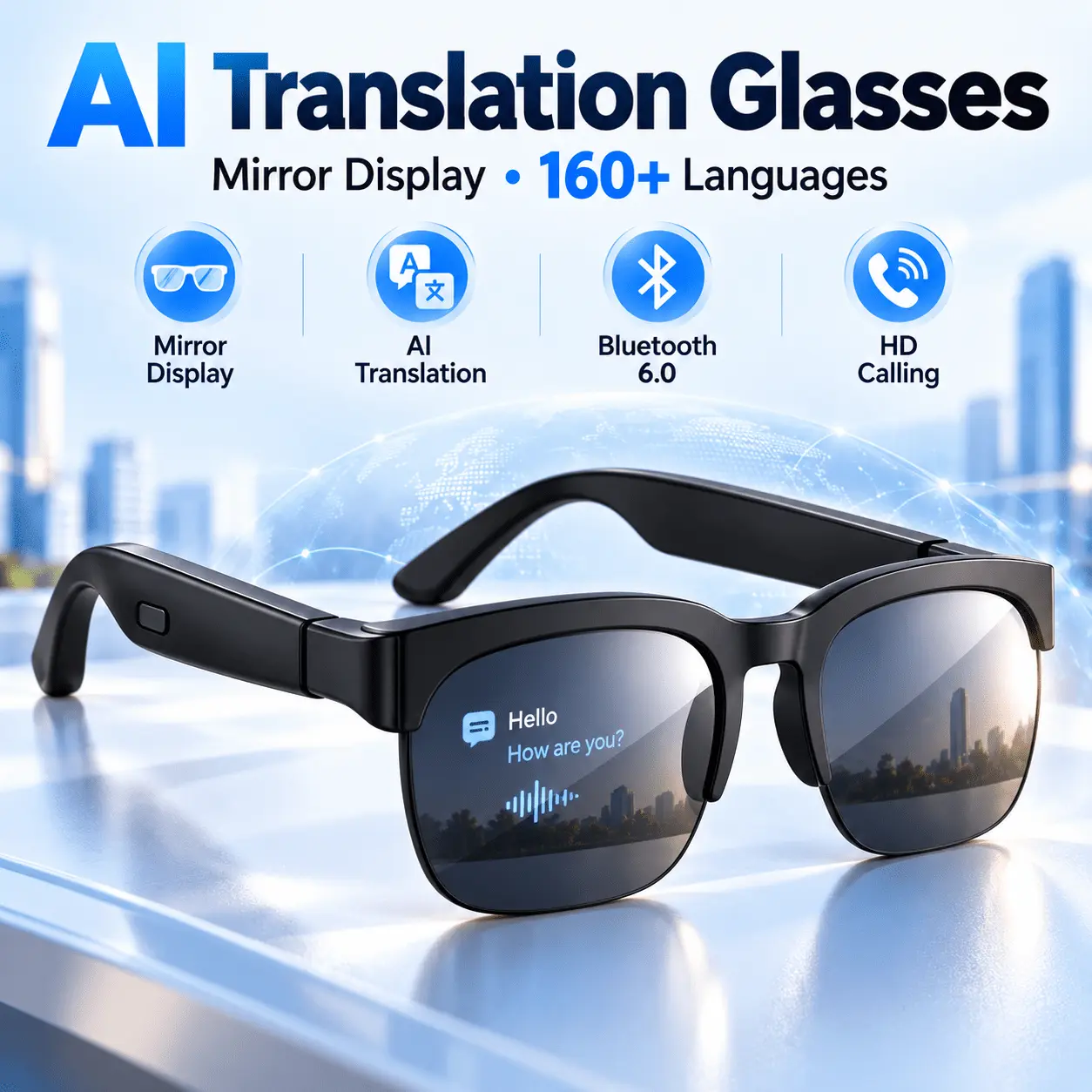 AI Translation Smart Glasses with In-Lens Display, 160+ Languages Real-Time Translation, Bluetooth 6.0 Smart Sunglasses with HD Calling, Open-Ear Audio, AI Voice Assistant, Music Control and Navigation Guidance for Travel and Daily Use