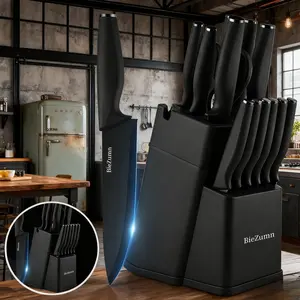 Premium 15-Piece Stainless Steel Kitchen Knife Set with Built-in Sharpener | Includes Chef Knife, Japanese Knife, Meat Cleaver, Bread Knife, Steak Knives & Scissors | Washable, Plastic Handles | Perfect Gift SetPink/Black/White