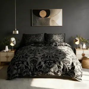 Baroque Pattern Bedding Set, 3 Piece Includes 1 Duvet Cover  + 2 Pillowcases No Insert, Soft Comfortable Fabric, Dark Simple Bedroom Decor