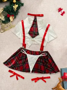 Christmas Sexy Plaid Print Lingerie Set, Includes Crop Top, Leg Straps, Thong, Tie & Skirt with Adjustable Straps, Perfect for Cosplay Costumes